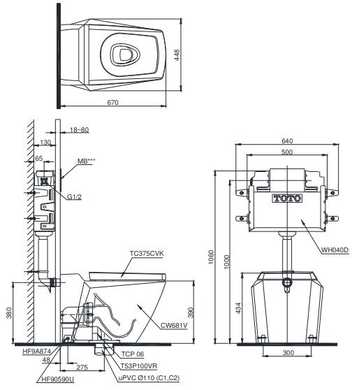 Bản vẽ kỹ thuật xí bệt CW681 két nước âm tường TC375CVK
