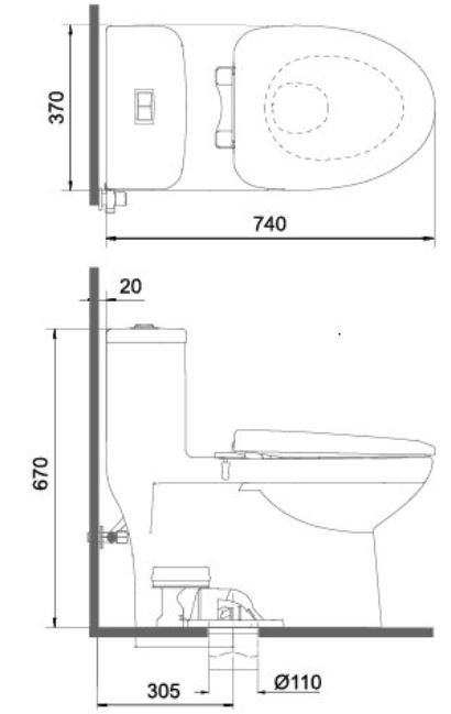 Bản vẽ kích thước bồn cầu MK2 Viglacera 1 khối