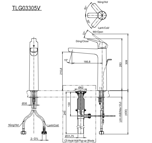 Bản vẽ kỹ thuật vòi nước TOTO nóng lạnh TLG03305V