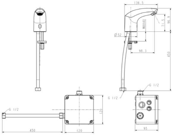 Bản vẽ kích thước vòi lavabo cảm ứng American WF-8611 220V