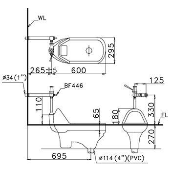 Bản vẽ bồn cầu xổm 1250 kết hợp van xả BF446 Caesar